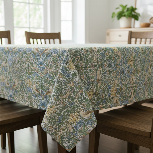 William Morris Strawberry Thief Blanc Coated Tablecloth
