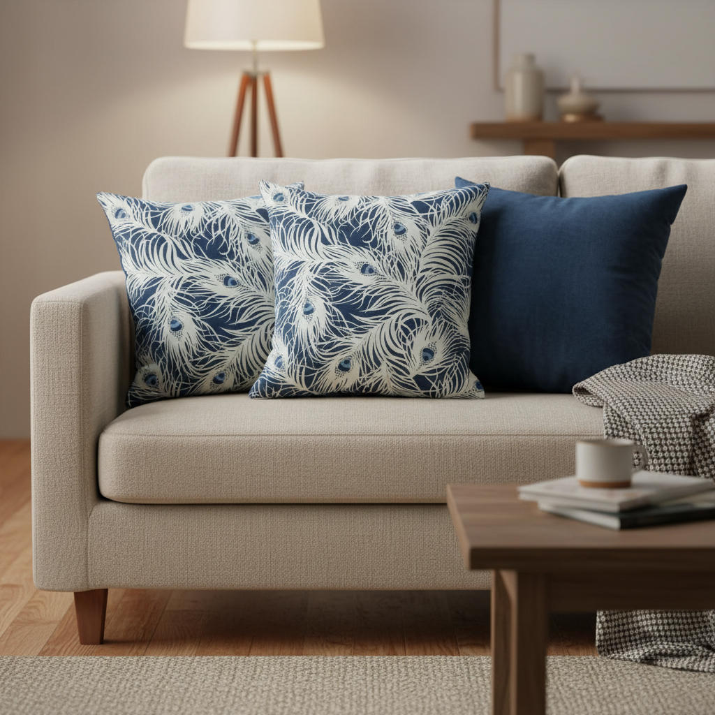 Harper Peacock Feather Navy Blue Cushion Covers