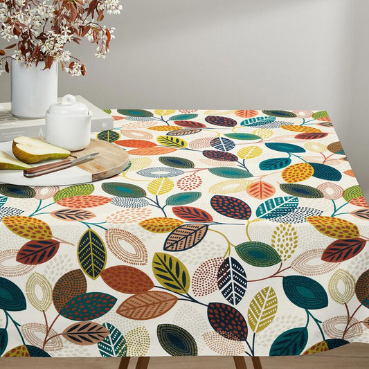 Dotted Leaves Leaf Offwhite Petrol Tablecloth