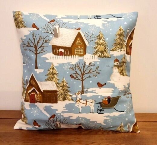 Christmas Cushion Cover , Blue Santa Sleigh Pillow Cover , Robin Pillow Cover 10" 12" 14" 16" 17" 18" 20" 22" 24" 26" - CushionCoverAndDecor