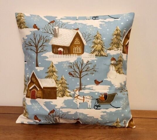 Christmas Cushion Cover , Blue Santa Sleigh Pillow Cover , Robin Pillow Cover 10" 12" 14" 16" 17" 18" 20" 22" 24" 26" - CushionCoverAndDecor