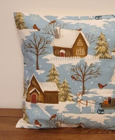Christmas Cushion Cover , Blue Santa Sleigh Pillow Cover , Robin Pillow Cover 10" 12" 14" 16" 17" 18" 20" 22" 24" 26" - CushionCoverAndDecor
