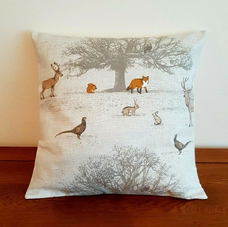 Christmas Cushion Cover Tatton Autumn Wildlife Beige Grey Orange , Stag Pillow Cover 14" 16" 17" 18" 20" 22" 24" 26" 100% Cotton Handmade - CushionCoverAndDecor