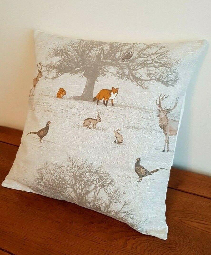 Christmas Cushion Cover Tatton Autumn Wildlife Beige Grey Orange , Stag Pillow Cover 14" 16" 17" 18" 20" 22" 24" 26" 100% Cotton Handmade - CushionCoverAndDecor