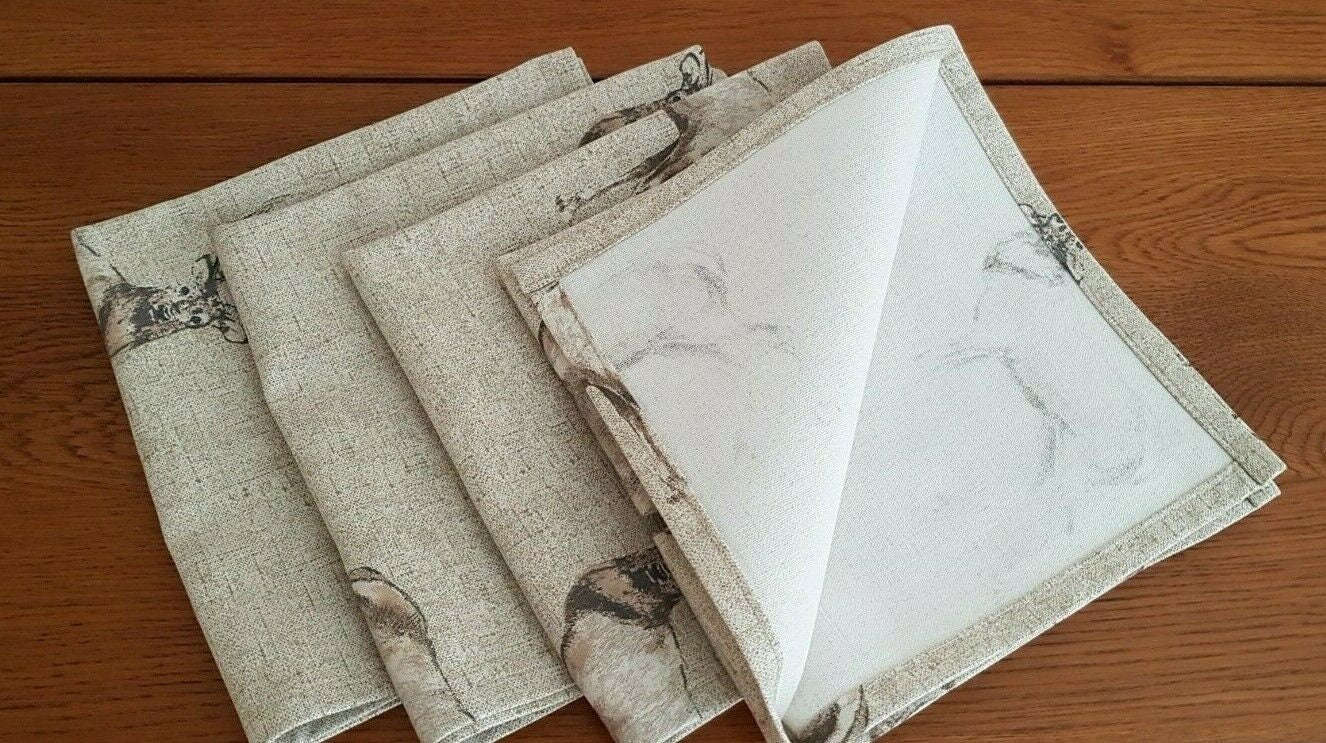 Christmas Fabric Napkins Stags Head , Stags , Wildlife , Red Robin Design 16"x16" Set of 2, 4 , 6 Fryetts 100% Cotton Handmade - CushionCoverAndDecor