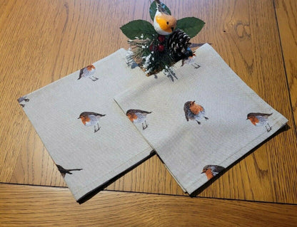 Christmas Robin Napkins , Robin Napkins , Xmas Festive Napkins , Red Robin Napkins , Xmas Festive Linen Look Napkins - CushionCoverAndDecor