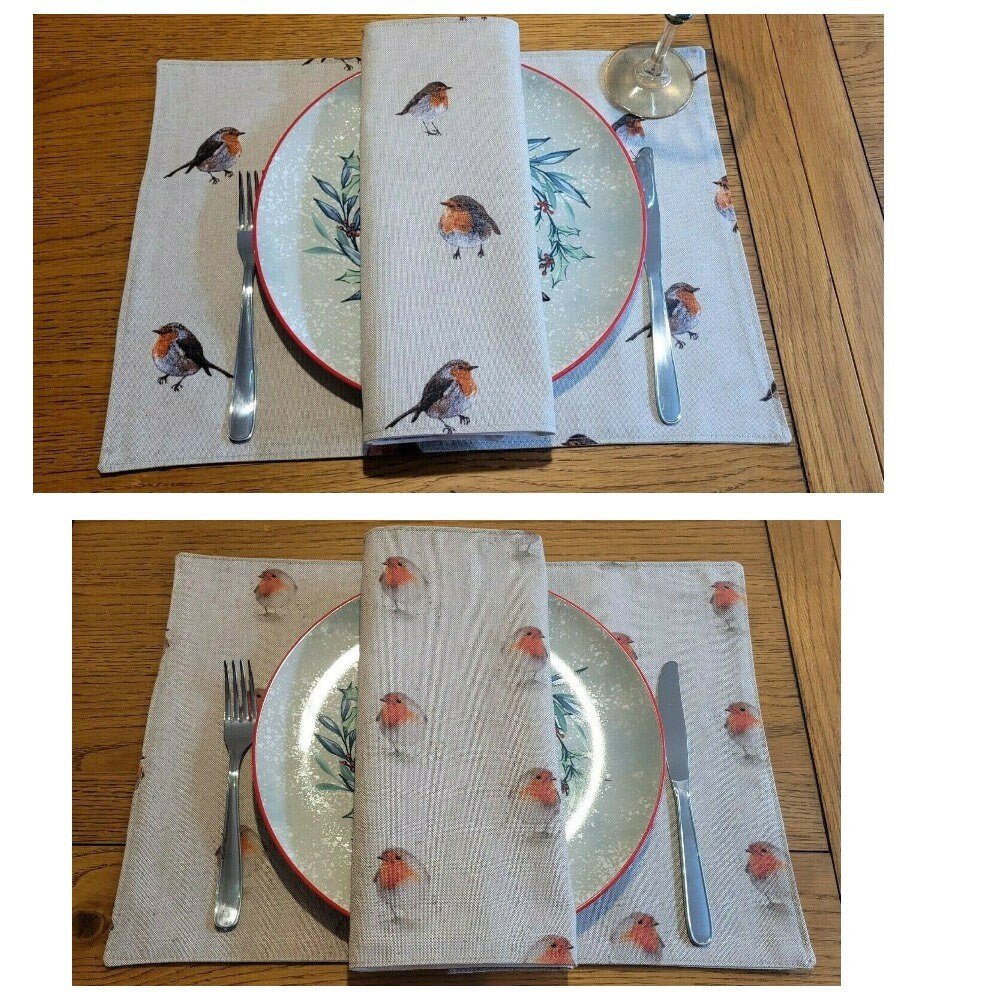 Christmas Robin Napkins , Robin Napkins , Xmas Festive Napkins , Red Robin Napkins , Xmas Festive Linen Look Napkins - CushionCoverAndDecor