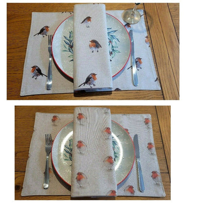 Christmas Robin Napkins , Robin Napkins , Xmas Festive Napkins , Red Robin Napkins , Xmas Festive Linen Look Napkins - CushionCoverAndDecor