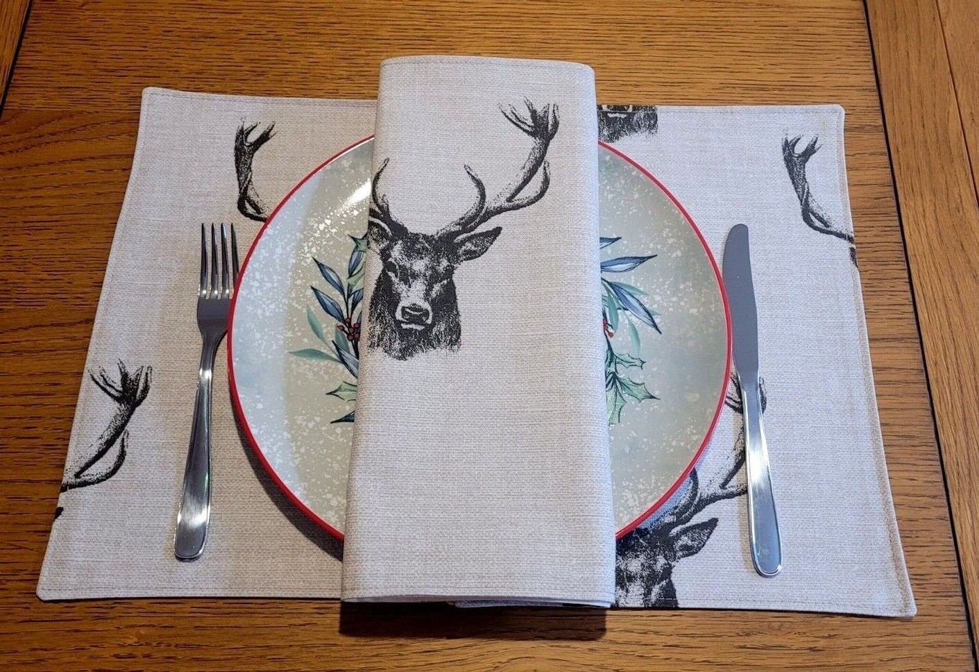 Christmas Stag Fabric Placemats , Stags Placemats , Wildlife Placemats 100% Cotton Handmade - CushionCoverAndDecor