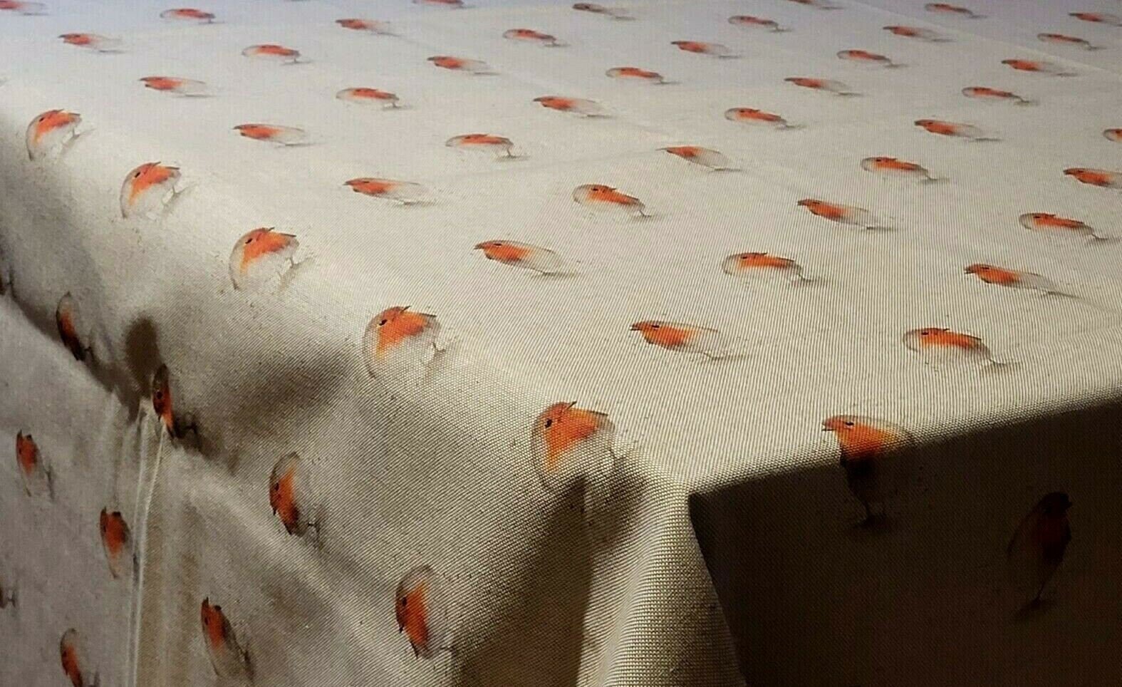 Christmas Tablecloth Linen Red Beige Robin Bird Design 100% Cotton Handmade - CushionCoverAndDecor