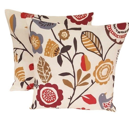 Cushion Cover 10" 12" 14" 16" 17" 18" 20" 22" 24" 26" Clarke & Clarke Folki Indigo Cranberry Red Bird Floral Design 100% Cotton Handmade - CushionCoverAndDecor