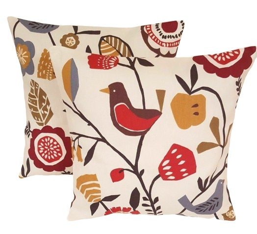 Cushion Cover 10" 12" 14" 16" 17" 18" 20" 22" 24" 26" Clarke & Clarke Folki Indigo Cranberry Red Bird Floral Design 100% Cotton Handmade - CushionCoverAndDecor