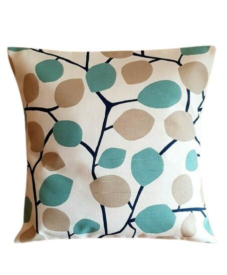 Cushion Cover 10" 12" 14" 16" 17" 18" 20" 22" 24" 26" Clarke & Clarke Nissa Mineral Blue Beige Leaves Design Handmade 100% Cotton - CushionCoverAndDecor