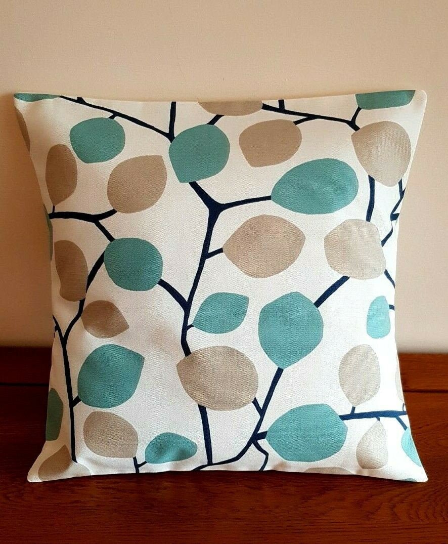 Cushion Cover 10" 12" 14" 16" 17" 18" 20" 22" 24" 26" Clarke & Clarke Nissa Mineral Blue Beige Leaves Design Handmade 100% Cotton - CushionCoverAndDecor