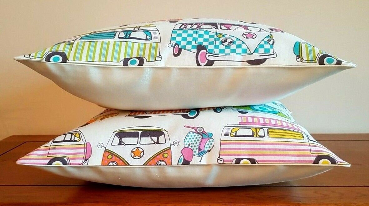 Cushion Cover 10" 12" 14" 16" 17" 18" 20" 22" 24" 26" Lifestyle Happy Camper Van Scooters Tutti Frutti Design Handmade 100% Cotton - CushionCoverAndDecor