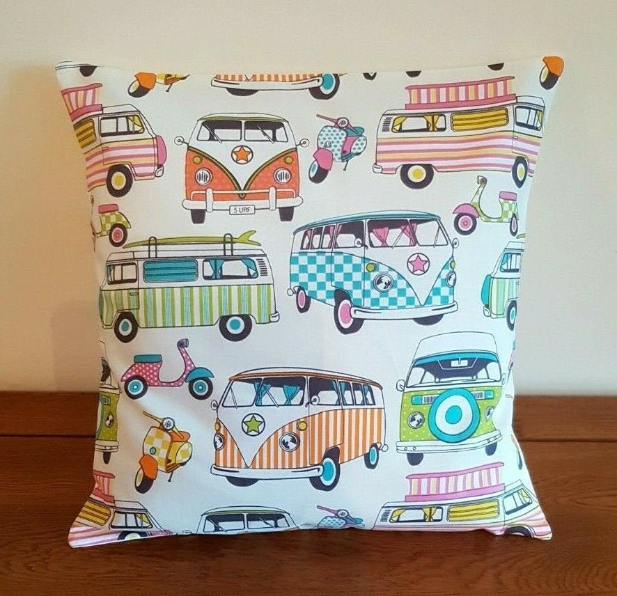 Cushion Cover 10" 12" 14" 16" 17" 18" 20" 22" 24" 26" Lifestyle Happy Camper Van Scooters Tutti Frutti Design Handmade 100% Cotton - CushionCoverAndDecor