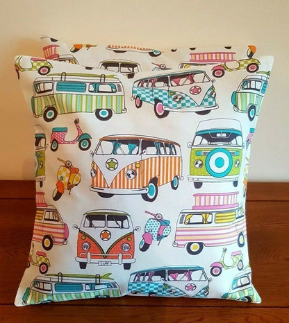 Cushion Cover 10" 12" 14" 16" 17" 18" 20" 22" 24" 26" Lifestyle Happy Camper Van Scooters Tutti Frutti Design Handmade 100% Cotton - CushionCoverAndDecor