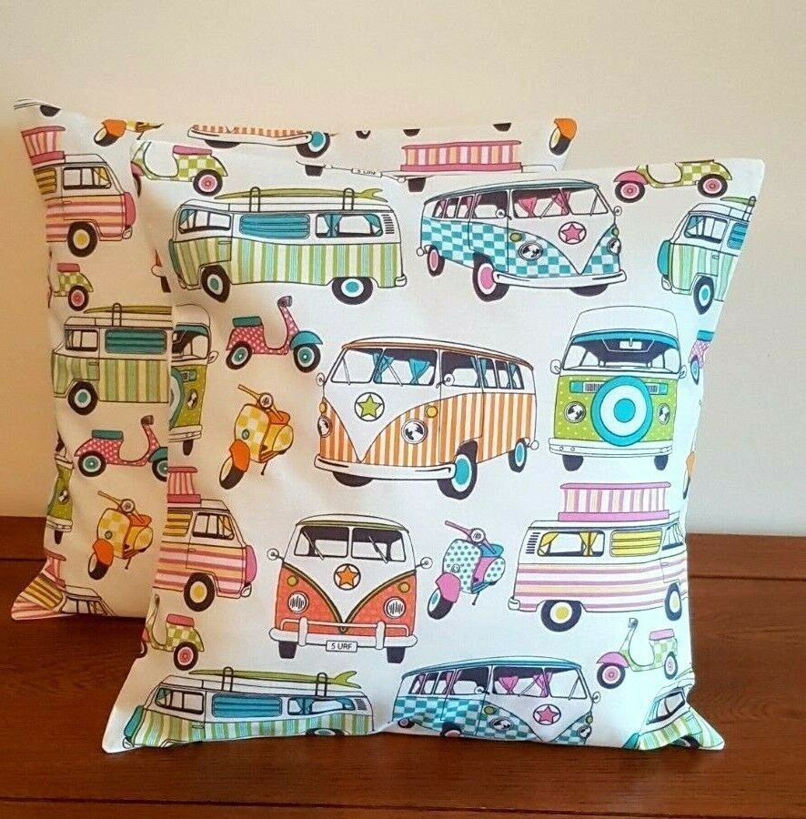 Cushion Cover 10" 12" 14" 16" 17" 18" 20" 22" 24" 26" Lifestyle Happy Camper Van Scooters Tutti Frutti Design Handmade 100% Cotton - CushionCoverAndDecor