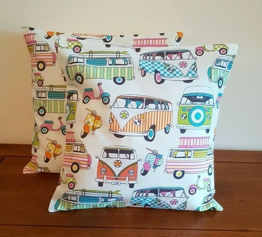 Cushion Cover 10" 12" 14" 16" 17" 18" 20" 22" 24" 26" Lifestyle Happy Camper Van Scooters Tutti Frutti Design Handmade 100% Cotton - CushionCoverAndDecor