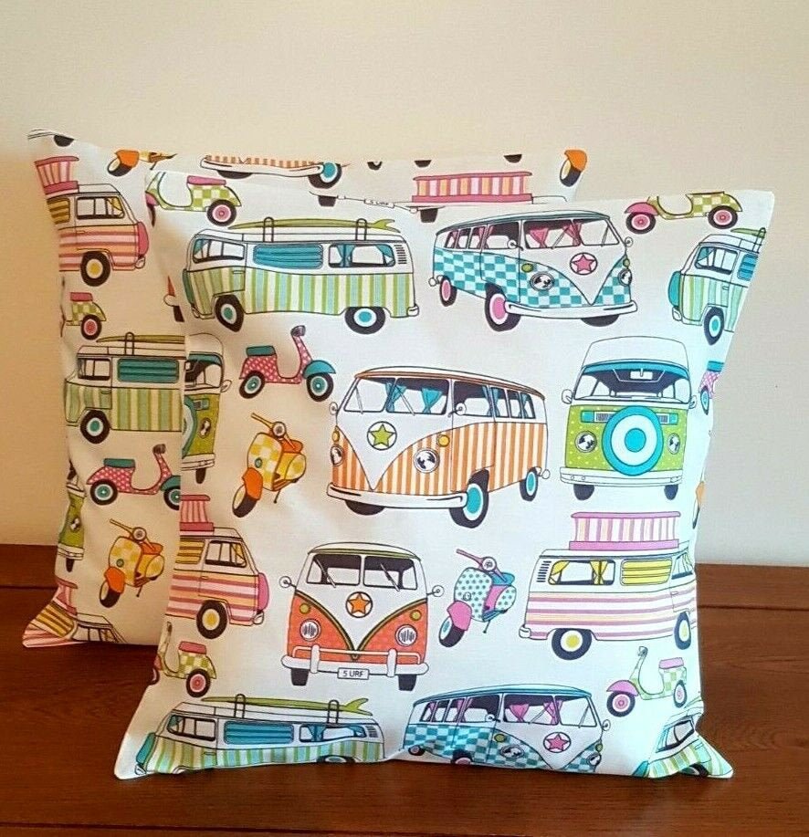 Cushion Cover 10" 12" 14" 16" 17" 18" 20" 22" 24" 26" Lifestyle Happy Camper Van Scooters Tutti Frutti Design Handmade 100% Cotton - CushionCoverAndDecor