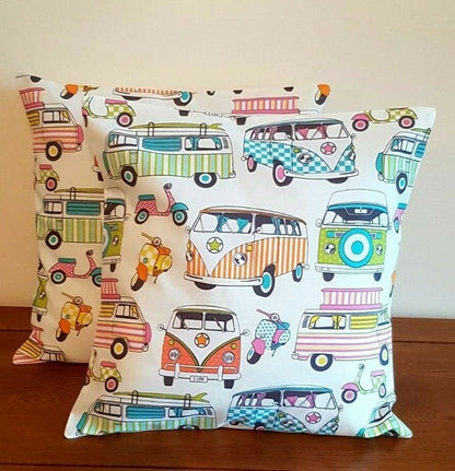 Cushion Cover 10" 12" 14" 16" 17" 18" 20" 22" 24" 26" Lifestyle Happy Camper Van Scooters Tutti Frutti Design Handmade 100% Cotton - CushionCoverAndDecor