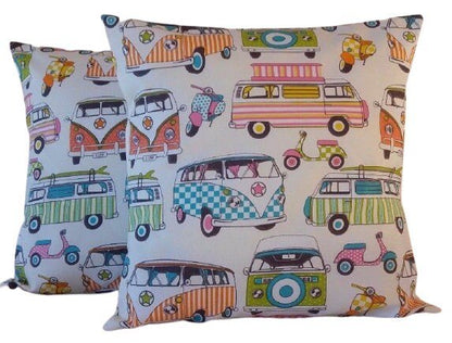 Cushion Cover 10" 12" 14" 16" 17" 18" 20" 22" 24" 26" Lifestyle Happy Camper Van Scooters Tutti Frutti Design Handmade 100% Cotton - CushionCoverAndDecor