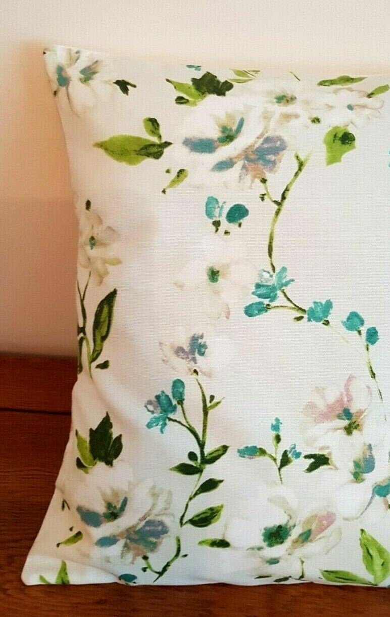 Cushion Cover 10" 12" 14" 16" 17" 18" 20" 22" 24" 26" Prestigious Textiles White Teal Green Blossom Leaf Design Handmade 100% Cotton - CushionCoverAndDecor