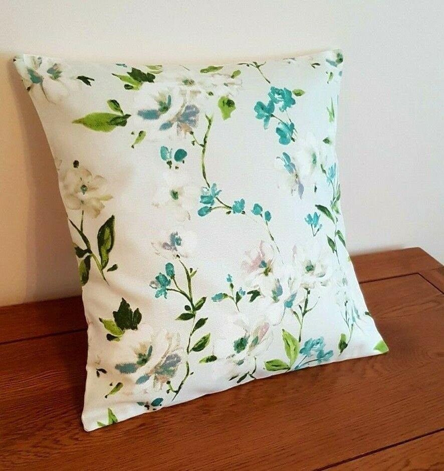 Cushion Cover 10" 12" 14" 16" 17" 18" 20" 22" 24" 26" Prestigious Textiles White Teal Green Blossom Leaf Design Handmade 100% Cotton - CushionCoverAndDecor