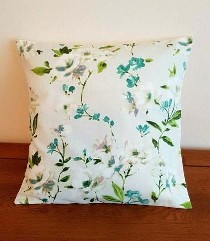 Cushion Cover 10" 12" 14" 16" 17" 18" 20" 22" 24" 26" Prestigious Textiles White Teal Green Blossom Leaf Design Handmade 100% Cotton - CushionCoverAndDecor