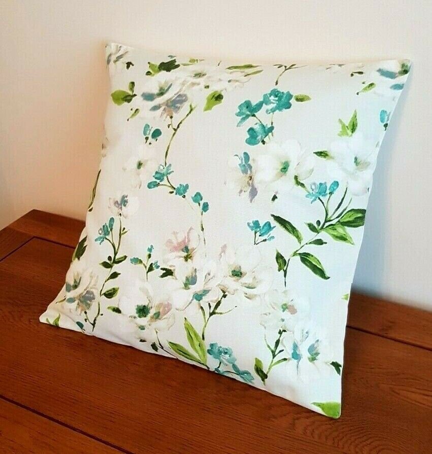 Cushion Cover 10" 12" 14" 16" 17" 18" 20" 22" 24" 26" Prestigious Textiles White Teal Green Blossom Leaf Design Handmade 100% Cotton - CushionCoverAndDecor