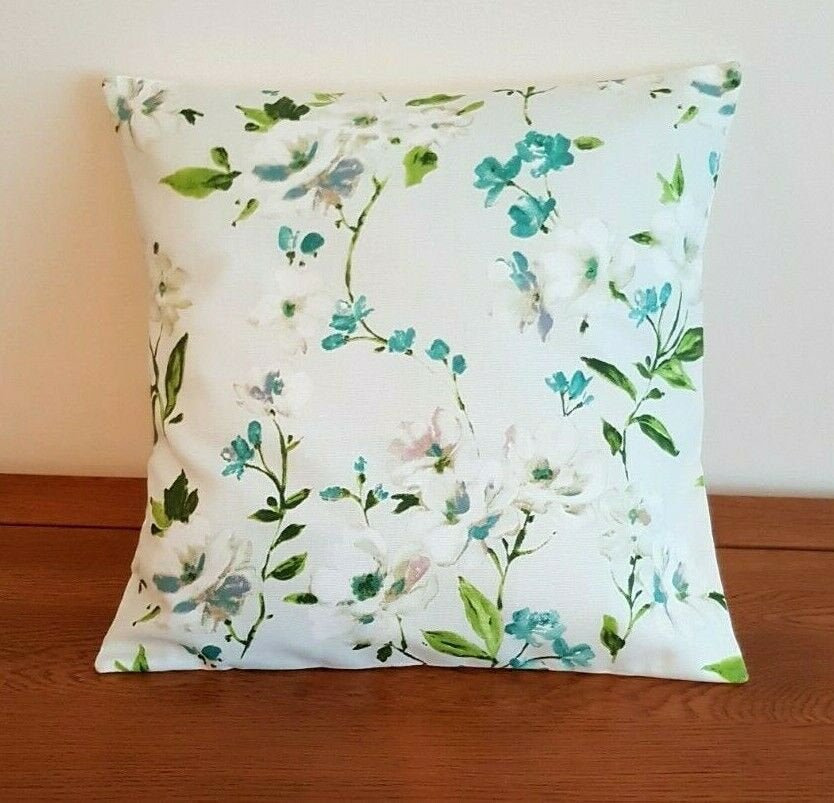 Cushion Cover 10" 12" 14" 16" 17" 18" 20" 22" 24" 26" Prestigious Textiles White Teal Green Blossom Leaf Design Handmade 100% Cotton - CushionCoverAndDecor