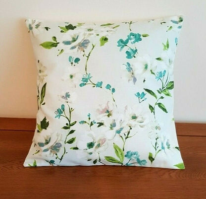 Cushion Cover 10" 12" 14" 16" 17" 18" 20" 22" 24" 26" Prestigious Textiles White Teal Green Blossom Leaf Design Handmade 100% Cotton - CushionCoverAndDecor