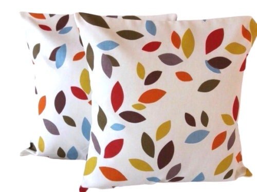Cushion Cover 10" 12" 14" 16" 17" 18" 20" 22" 24" 26" Scattered Leaves Orange Red Blue Green Leaf Design 100% Cotton Handmade - CushionCoverAndDecor