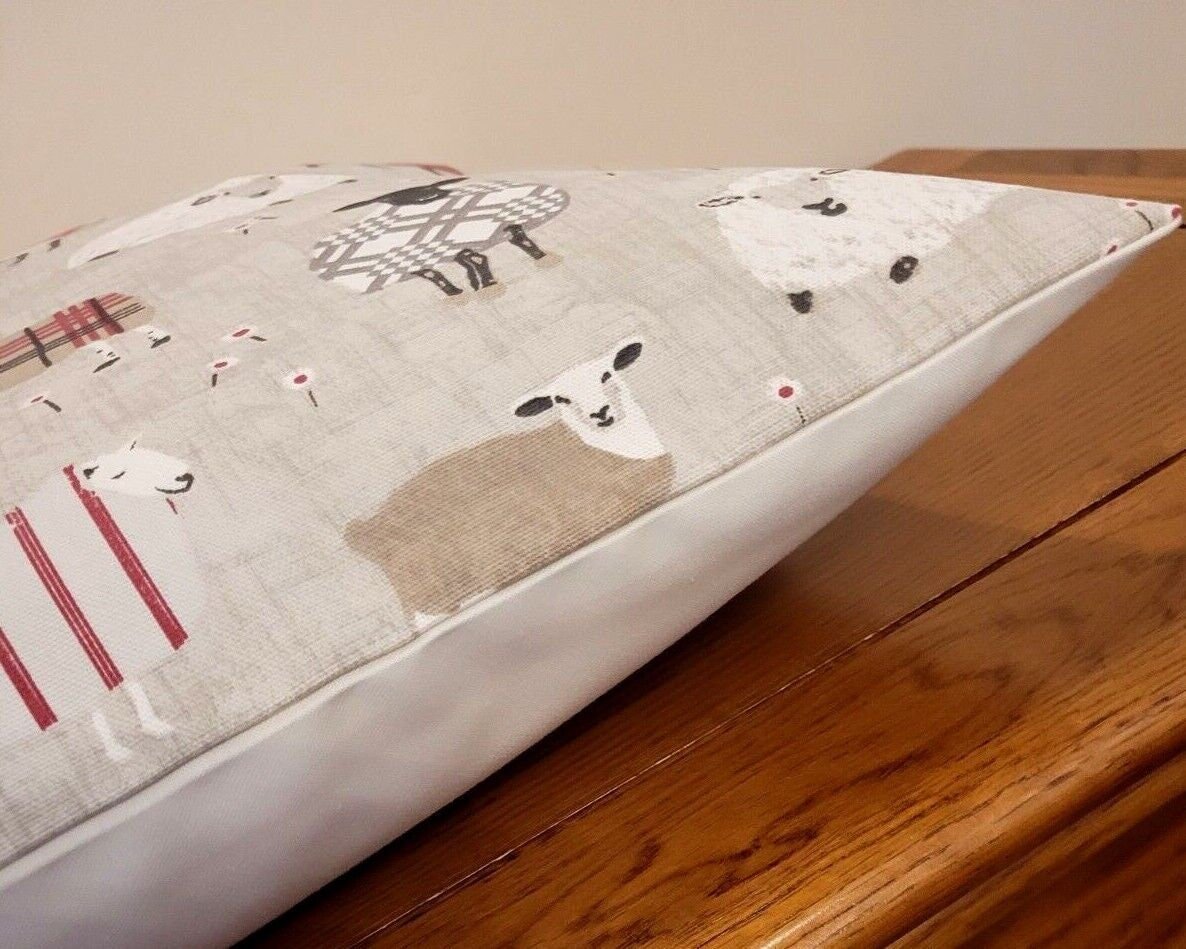 Cushion Cover Baa Baa Sheep Peony Red Beige Design , Easter Cushion Cover 10" 12" 14" 16" 17" 18" 20" 22" 24" 26" Handmade 100% Cotton - CushionCoverAndDecor