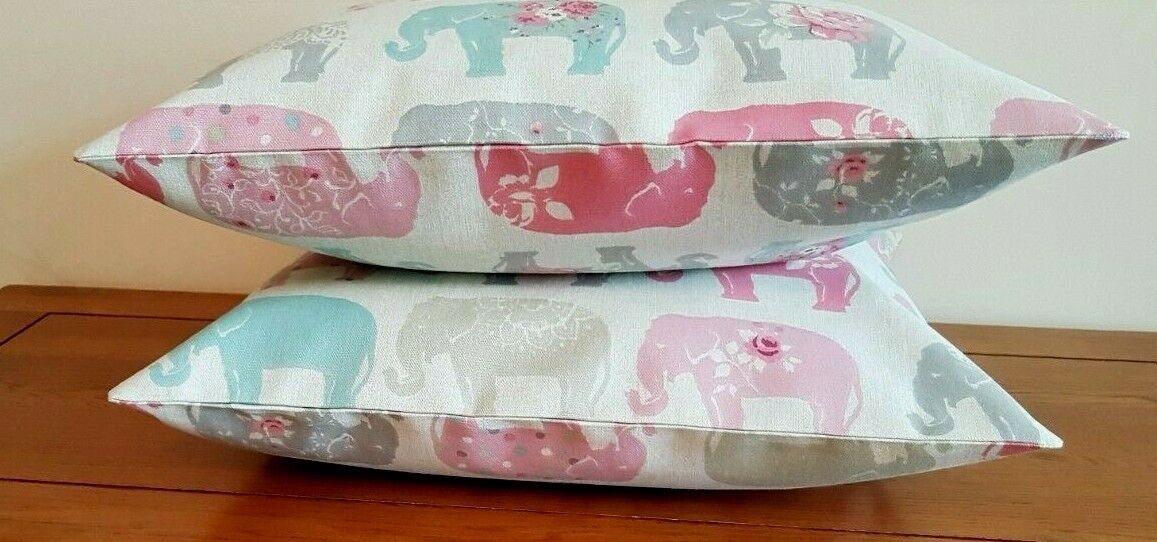 Cushion Cover Elephants Grey Pastel Pink Design 10" 12" 14" 16" 17" 18" 20" 22" 24" 26" 100% Cotton Handmade - CushionCoverAndDecor