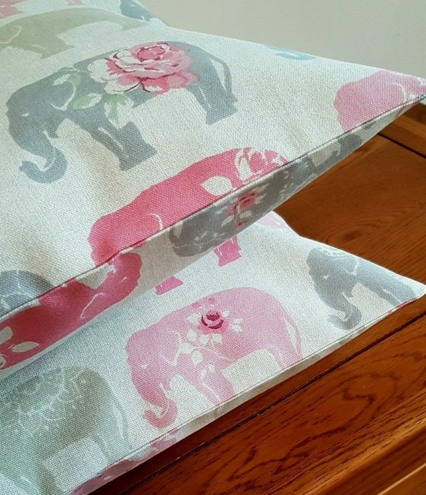 Cushion Cover Elephants Grey Pastel Pink Design 10" 12" 14" 16" 17" 18" 20" 22" 24" 26" 100% Cotton Handmade - CushionCoverAndDecor