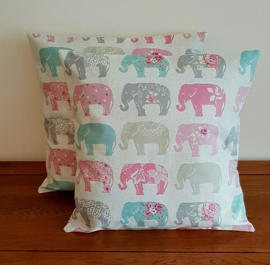 Cushion Cover Elephants Grey Pastel Pink Design 10" 12" 14" 16" 17" 18" 20" 22" 24" 26" 100% Cotton Handmade - CushionCoverAndDecor