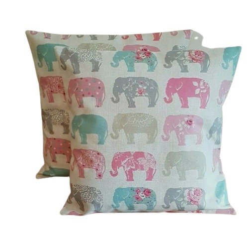 Cushion Cover Elephants Grey Pastel Pink Design 10" 12" 14" 16" 17" 18" 20" 22" 24" 26" 100% Cotton Handmade - CushionCoverAndDecor