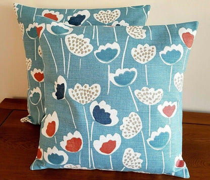 Cushion Cover Floral Clara Blue Duck- Egg Orange South Pacific Design 10" 12" 14" 16" 17" 18" 20" 22" 24" 26" Handmade - CushionCoverAndDecor