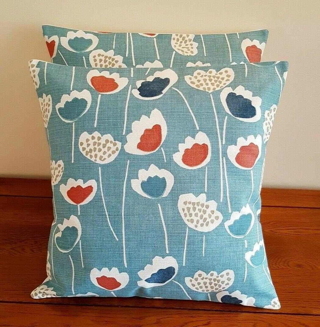 Cushion Cover Floral Clara Blue Duck- Egg Orange South Pacific Design 10" 12" 14" 16" 17" 18" 20" 22" 24" 26" Handmade - CushionCoverAndDecor