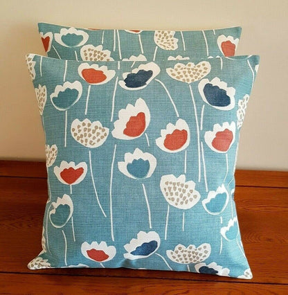 Cushion Cover Floral Clara Blue Duck- Egg Orange South Pacific Design 10" 12" 14" 16" 17" 18" 20" 22" 24" 26" Handmade - CushionCoverAndDecor