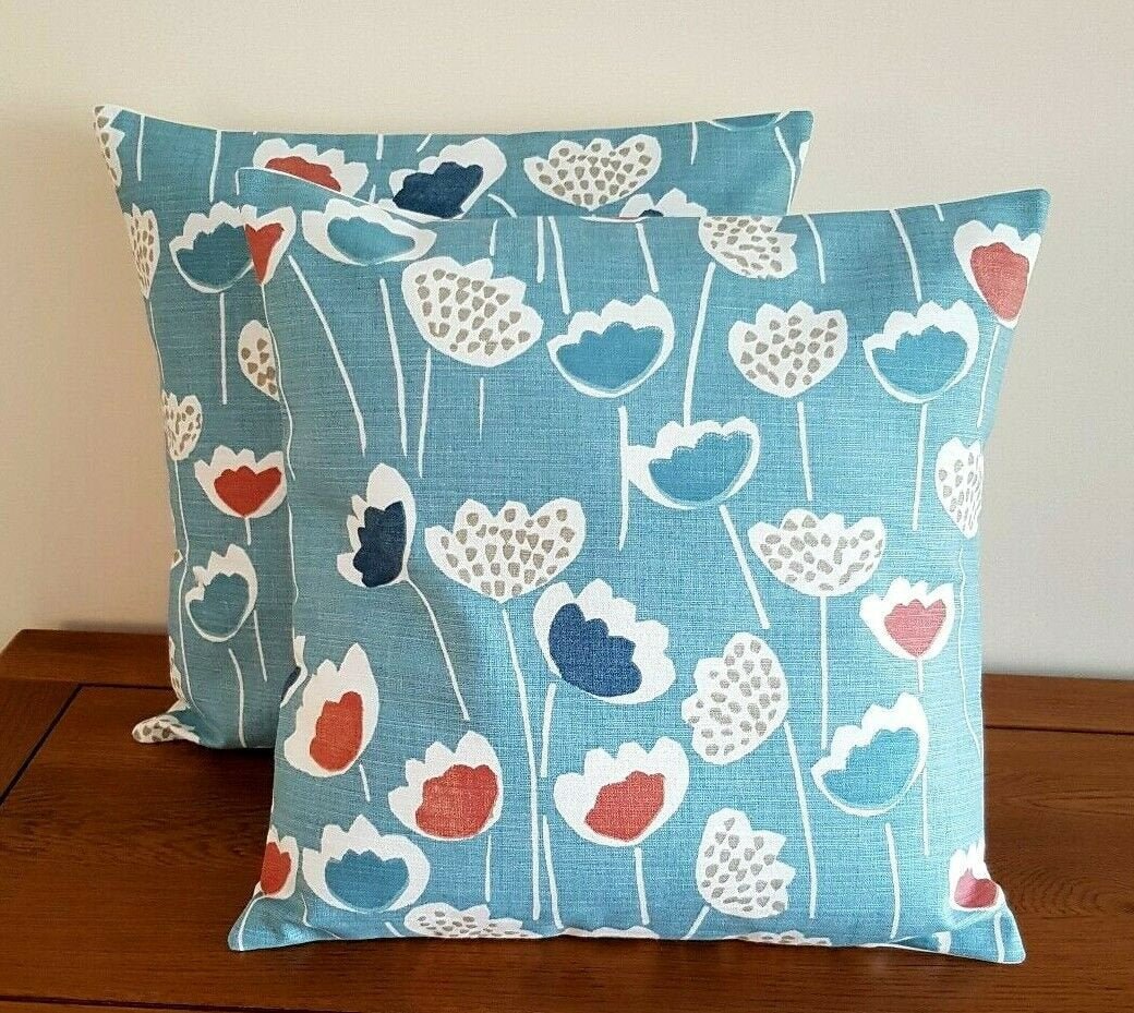 Cushion Cover Floral Clara Blue Duck- Egg Orange South Pacific Design 10" 12" 14" 16" 17" 18" 20" 22" 24" 26" Handmade - CushionCoverAndDecor