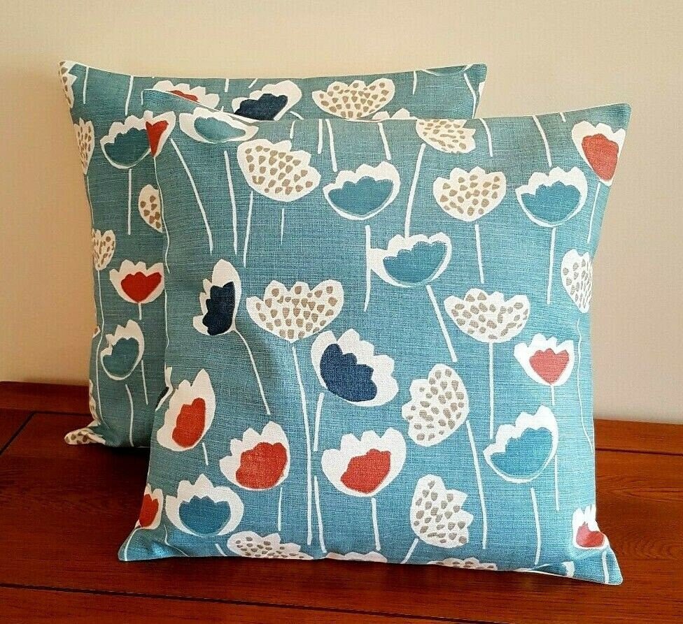 Cushion Cover Floral Clara Blue Duck- Egg Orange South Pacific Design 10" 12" 14" 16" 17" 18" 20" 22" 24" 26" Handmade - CushionCoverAndDecor