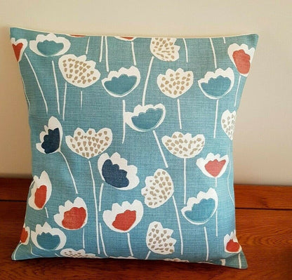 Cushion Cover Floral Clara Blue Duck- Egg Orange South Pacific Design 10" 12" 14" 16" 17" 18" 20" 22" 24" 26" Handmade - CushionCoverAndDecor