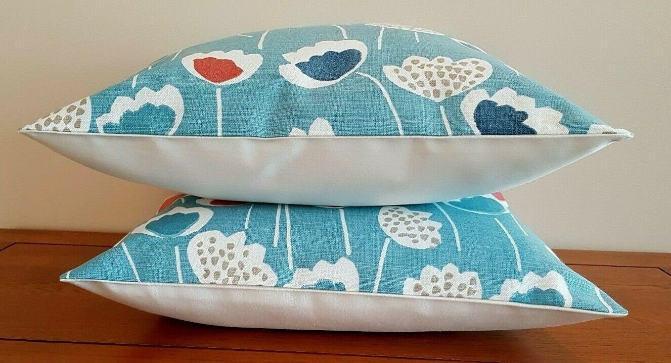 Cushion Cover Floral Clara Blue Duck- Egg Orange South Pacific Design 10" 12" 14" 16" 17" 18" 20" 22" 24" 26" Handmade - CushionCoverAndDecor