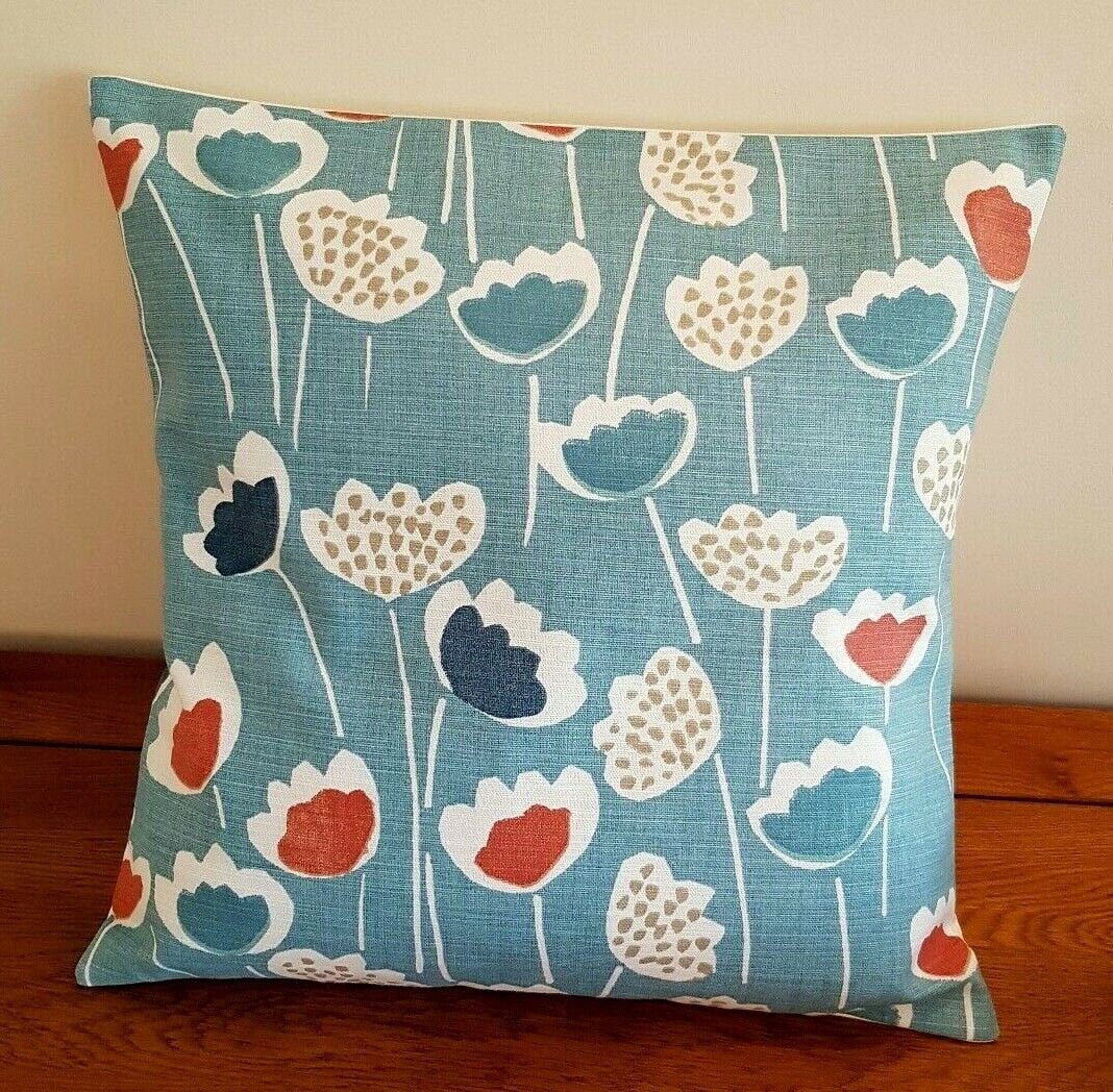 Cushion Cover Floral Clara Blue Duck- Egg Orange South Pacific Design 10" 12" 14" 16" 17" 18" 20" 22" 24" 26" Handmade - CushionCoverAndDecor