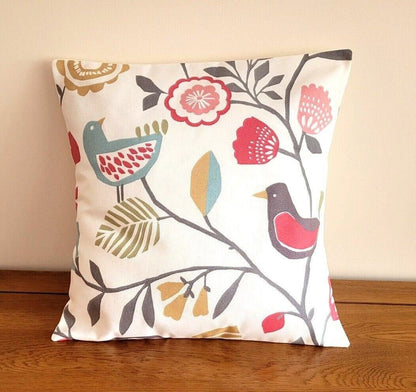 Cushion Cover Folki Pastel Pink Blue Bird Floral Design , Floral Pillow Cover 10" 12" 14" 16" 17" 18" 20" 22" 24" 26" 100% Cotton Handmade - CushionCoverAndDecor