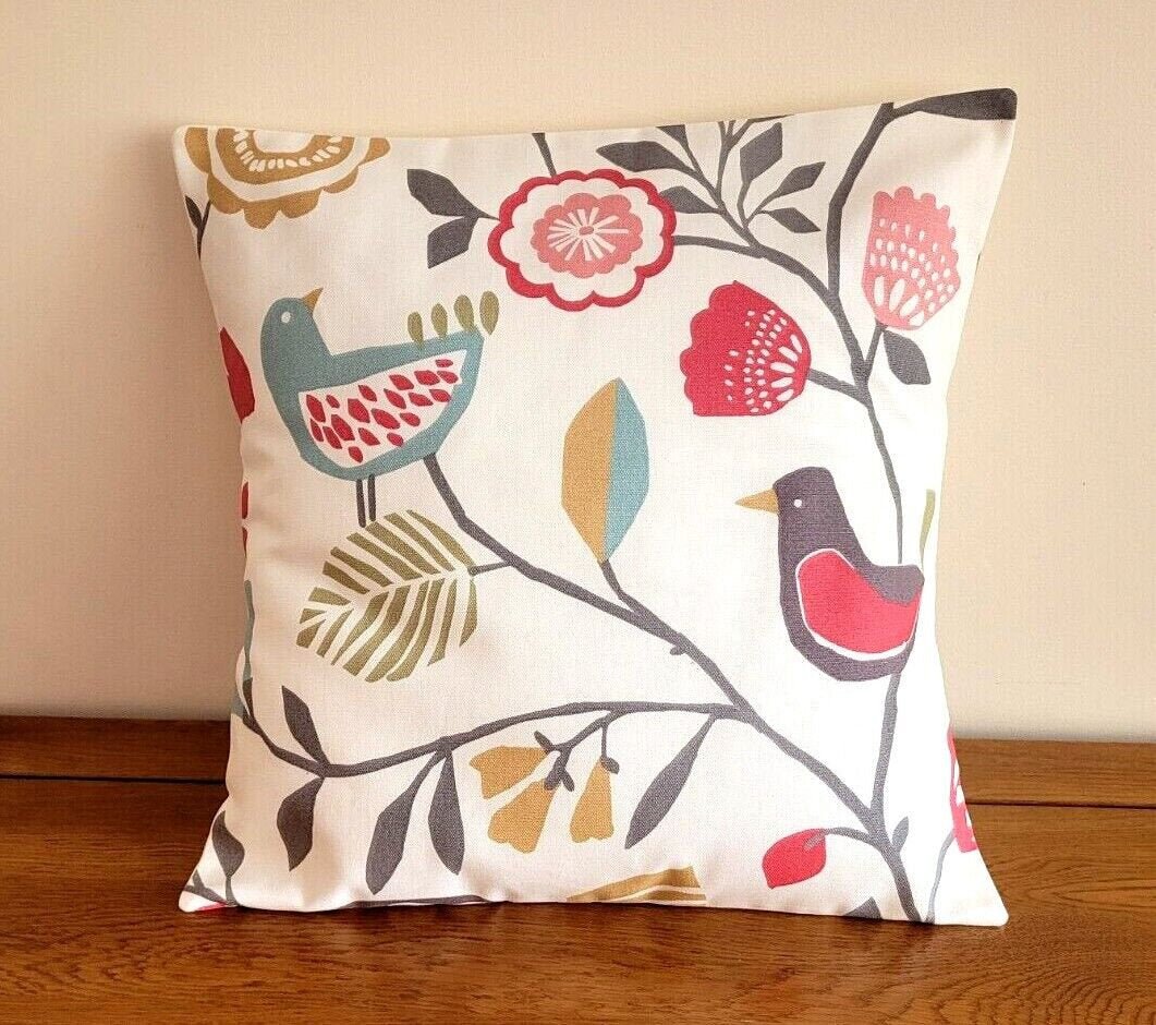 Cushion Cover Folki Pastel Pink Blue Bird Floral Design , Floral Pillow Cover 10" 12" 14" 16" 17" 18" 20" 22" 24" 26" 100% Cotton Handmade - CushionCoverAndDecor