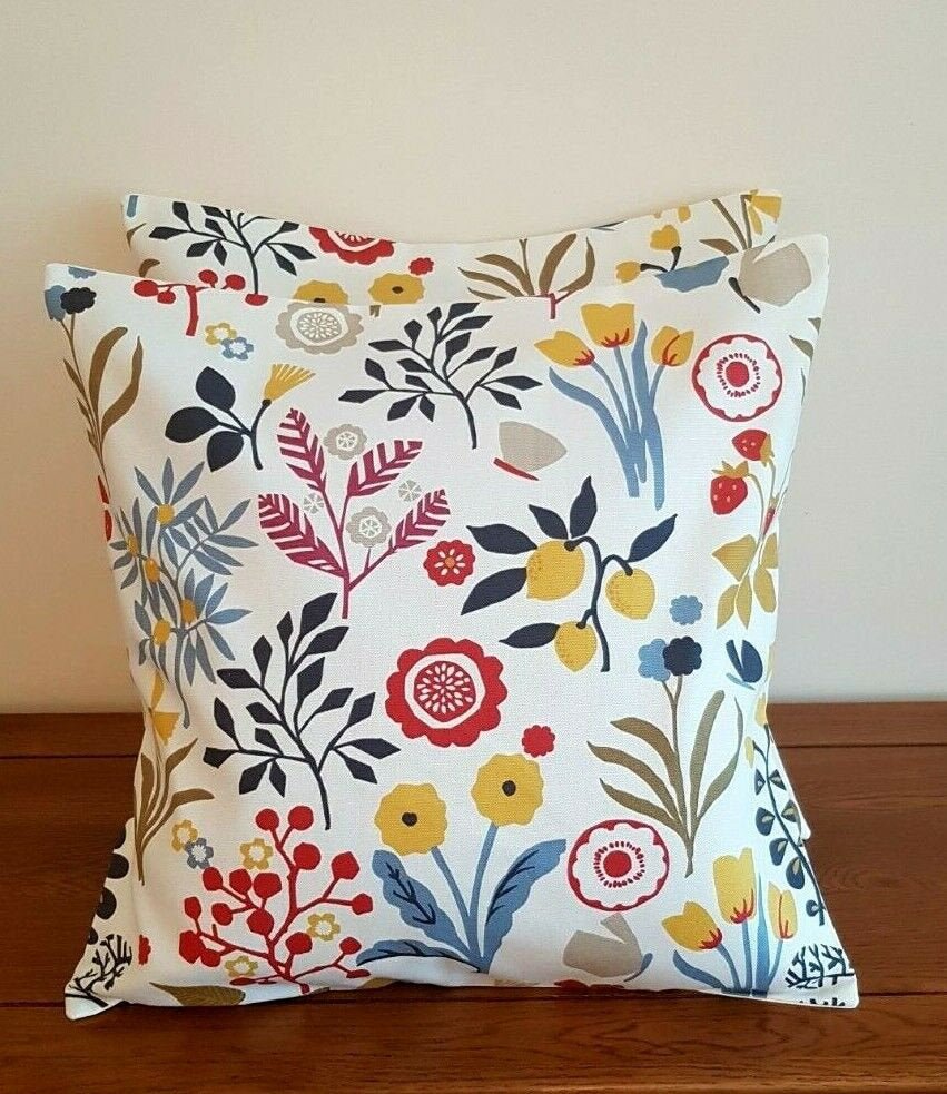 Cushion Cover Frida Indigo Cranberry Red Floral Leaf Design 10" 12" 14" 16" 17" 18" 20" 22" 24" 26" Clarke & Clarke Handmade 100% Cotton - CushionCoverAndDecor