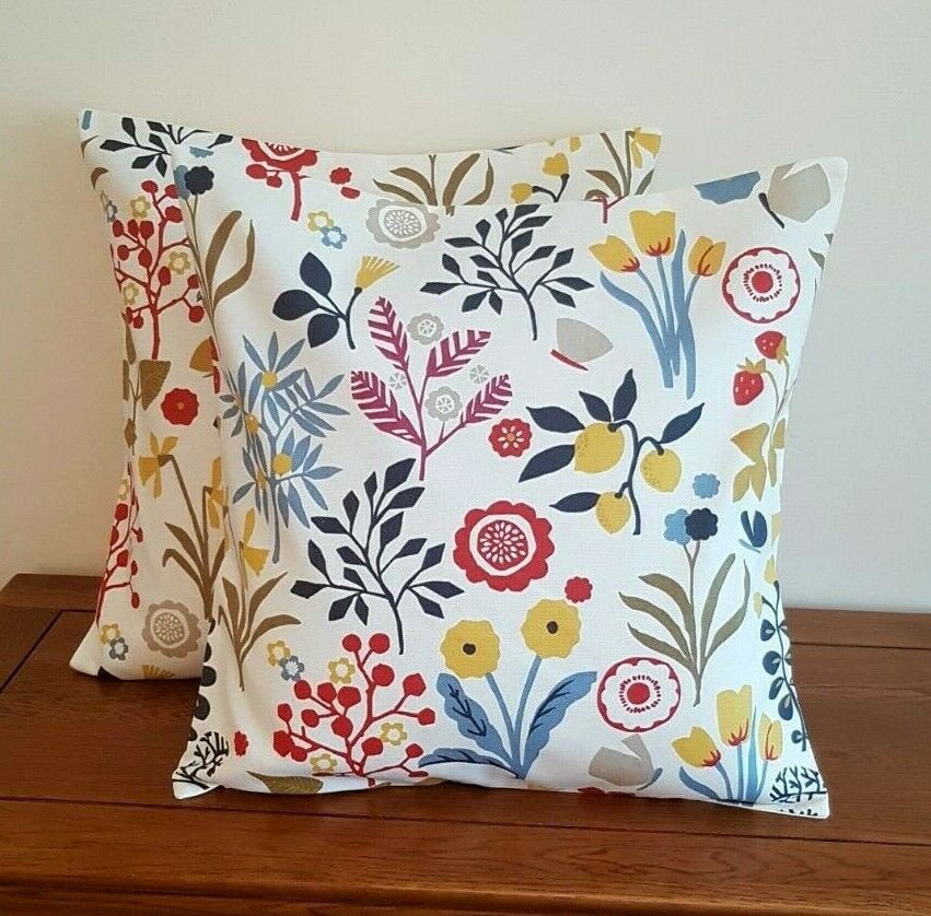 Cushion Cover Frida Indigo Cranberry Red Floral Leaf Design 10" 12" 14" 16" 17" 18" 20" 22" 24" 26" Clarke & Clarke Handmade 100% Cotton - CushionCoverAndDecor